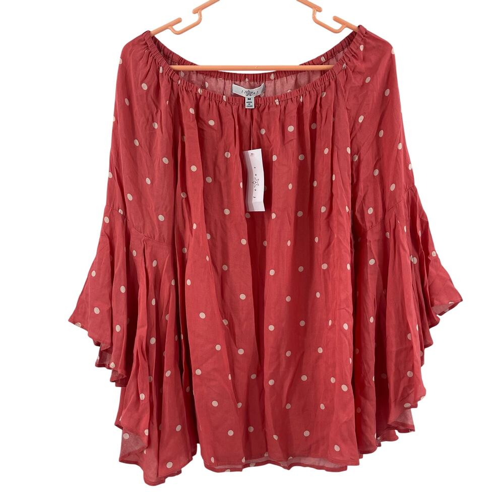 FEVER Blouse Size Medium Polka Dot Flowy Angel Sleeves NWT Coral Off Shoulder